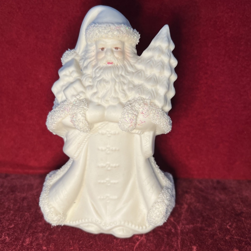 Vintage K's Collection Santa Figurine Of White Glitter Holding‎ Presents